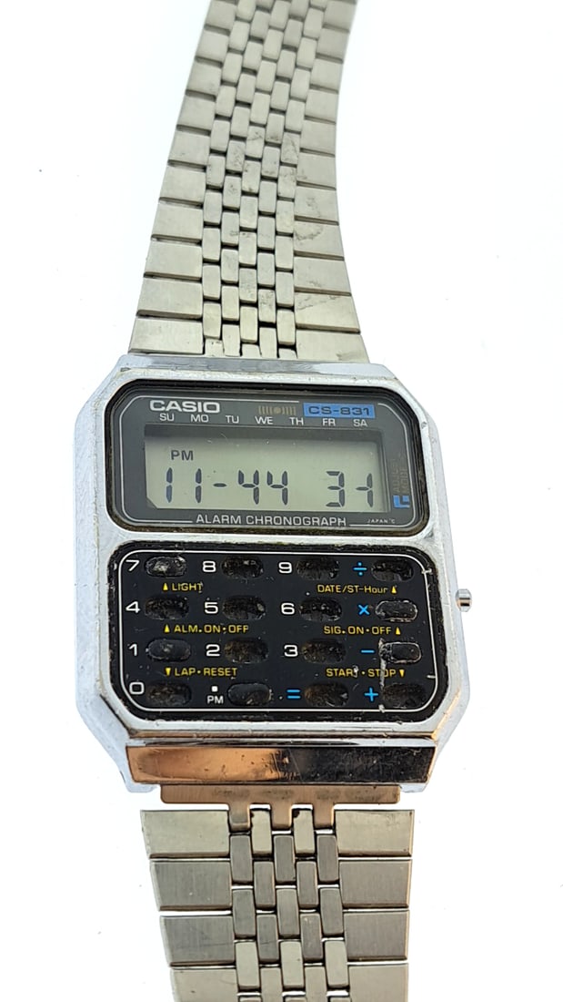 Casio CS-831 Calculator Watch, Silver, Alarm Chronograph, lcd bleed button damage (1 of 7)