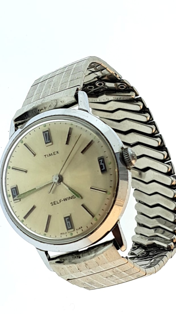 Timex Self-Wind Vintage Wristwatch Stainless Steel Band Cream Dial Date Function (1 of 5)