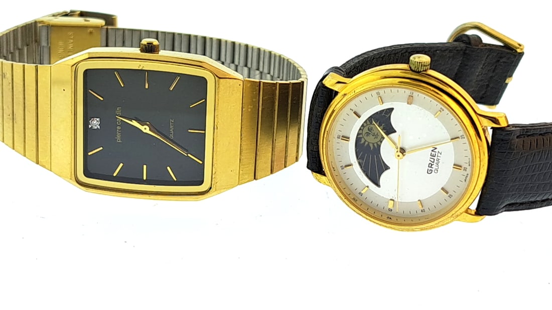 Pierre Cardin & Gruen Moon Phase Quartz Watches Set Gold Black Dial Vintage: "great selection of pens, watches, knives, and other gift items. Pens are in as found condition, please inspect pictures closely. Watches are working unless stated otherwise, however they may need nee