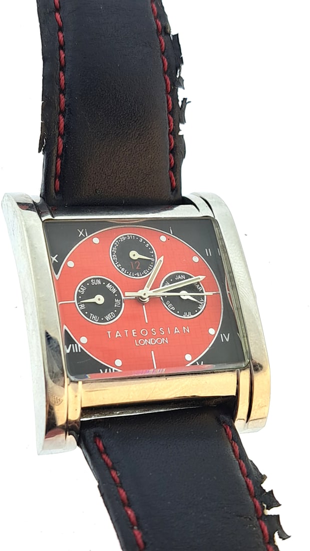 Tateossian London Wristwatch Red Dial Leather Strap with issues Roman Numerals Calendar Features: "great selection of pens, watches, knives, and other gift items. Pens are in as found condition, please inspect pictures closely. Watches are working unless stated otherwise, however they may need nee