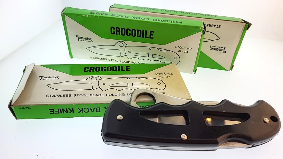 3 x Tomahawk Crocodile XL-24 Folding Lock Back Knife Stainless Steel Black Handle Taiwan (1 of 7)