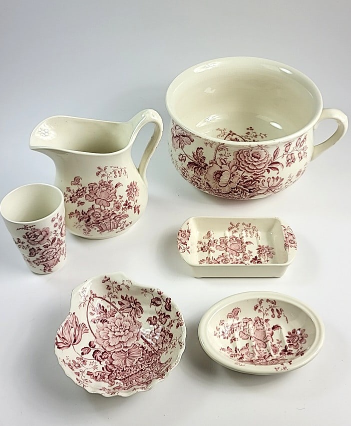 Vintage Charlotte Royal Crownford Floral Ceramic Washbowl Pitcher Dish Set of 6 - Pink/White Toil... (1 of 14)