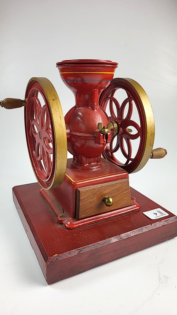 Vintage Red Wagon Red Wheels Hand-Crank Coffee Grinder Red Cast Iron Wood Base Retro Decor Vintag... (1 of 8)