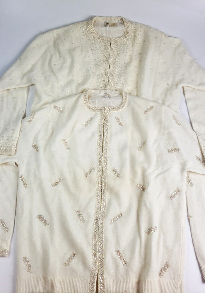 Vintage Pearl Beaded Wool Cardigan Sweaters Set Cream Size 40 - Lot of 2 (1 of 11)