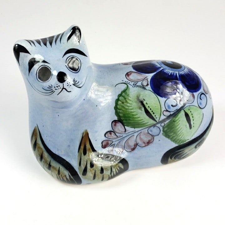Mexico Vintage Ceramic Cat Figurine Blue Flower Design - Collectible Home Decor Ornament (1 of 8)