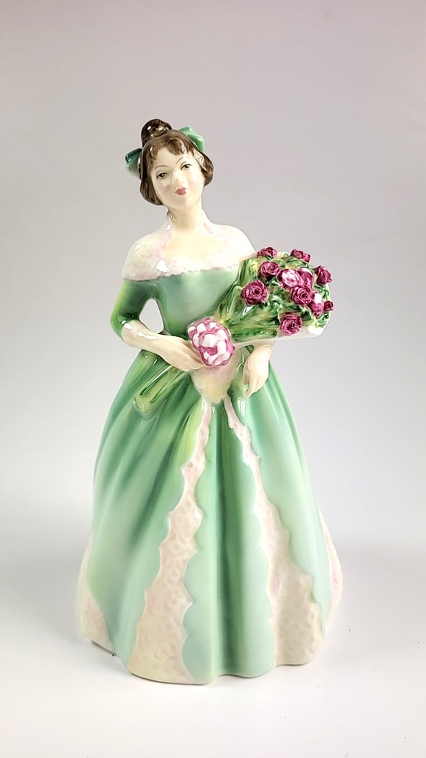 Royal Doulton HN 3660 Happy Birthday Porcelain Figurine Woman in Green Dress with Floral Bouquet (1 of 6)