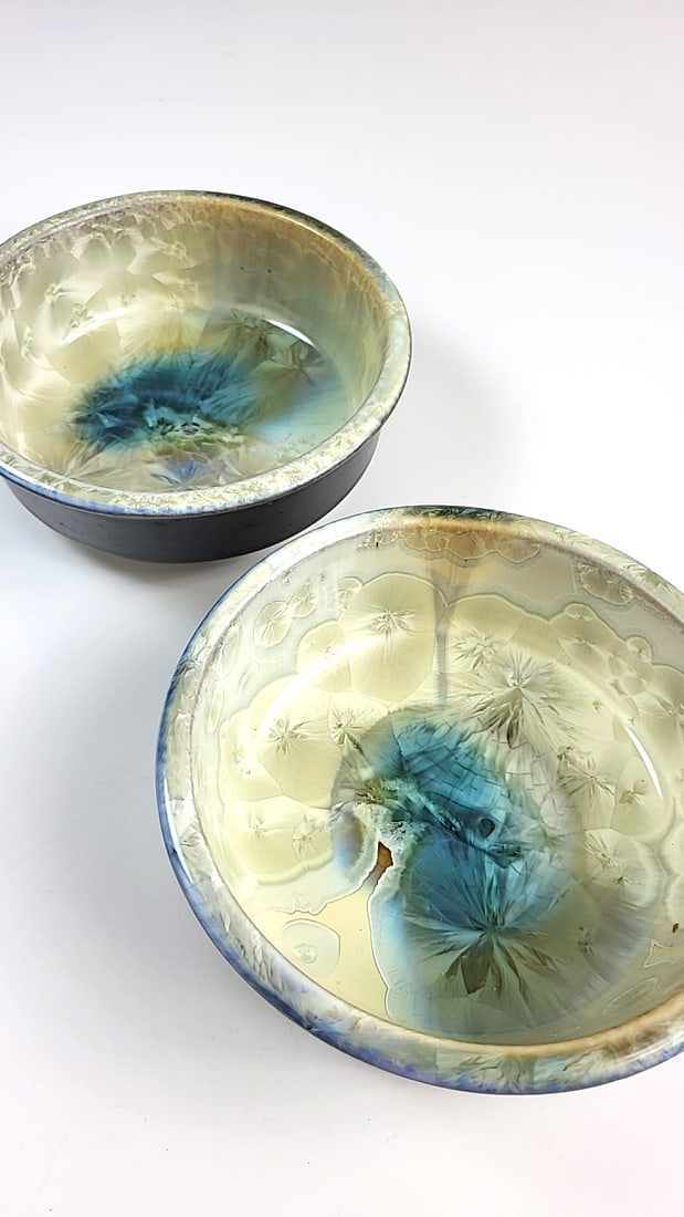 Ceramic Glazed Pottery Bowls with Crystalline Pattern - Set of 2, Blue and Beige Decor (1 of 5)