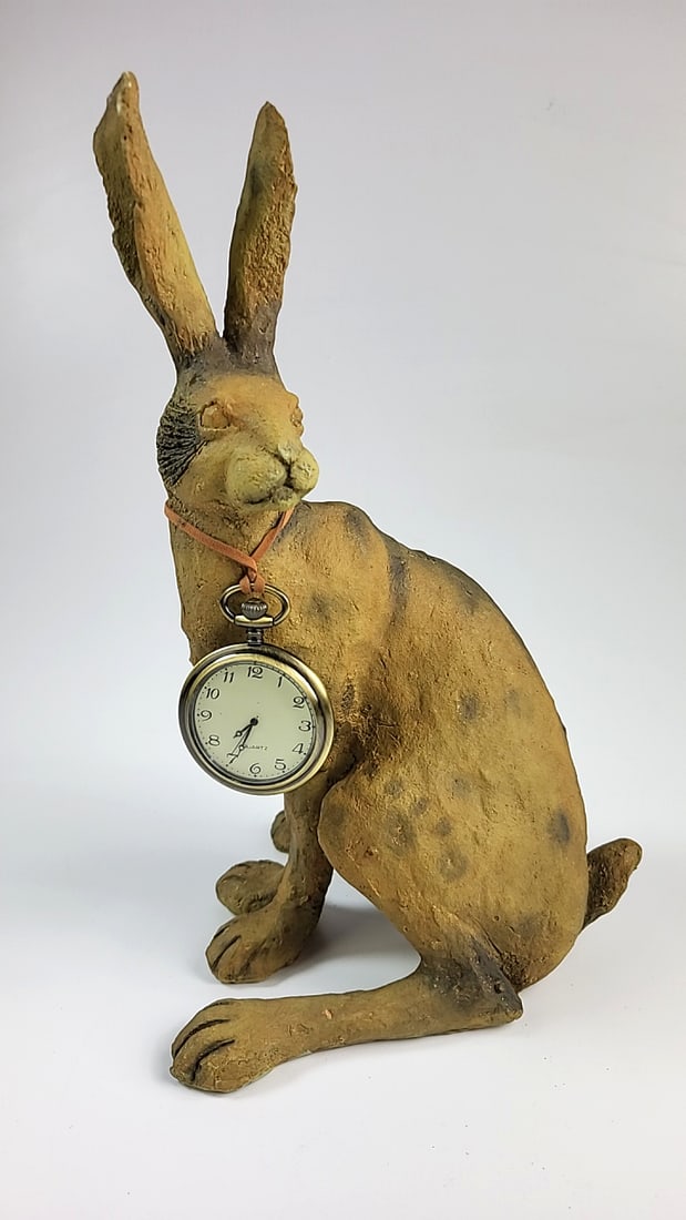 Vintage Old Hare Figurine with Pocket Watch Necklace, Brown, Unique Whimsical Decor Piece (1 of 9)