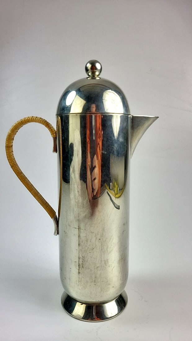 Vintage Handmade England Pewter Silver Metal Coffee Pot with Wicker Handle Retro Design (1 of 7)