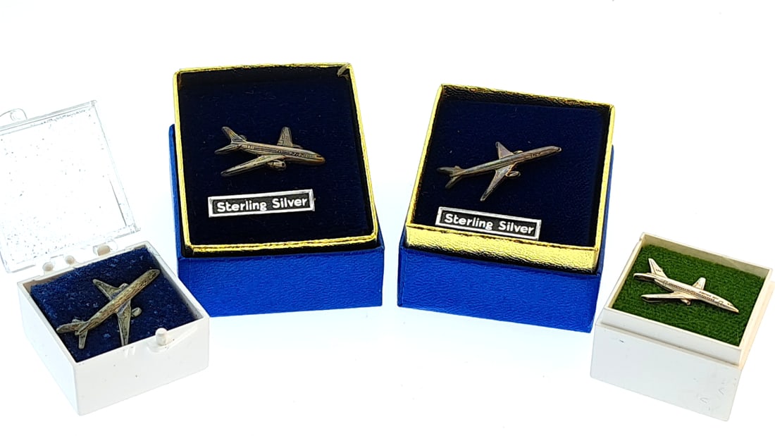 Sterling Silver Boeibg Airplane Model Miniature Collectible Pins in Decorative Box Set (1 of 4)