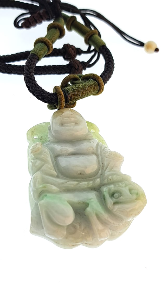 Jade Laughing Buddha Pendant Necklace with Green Accents and Woven Cord: Nice mix of estate goods. The family behind this estate had a high-end gift shop, so there's lots of brand new inventory including a large collection of King and Country, New ACME pens, quality watche
