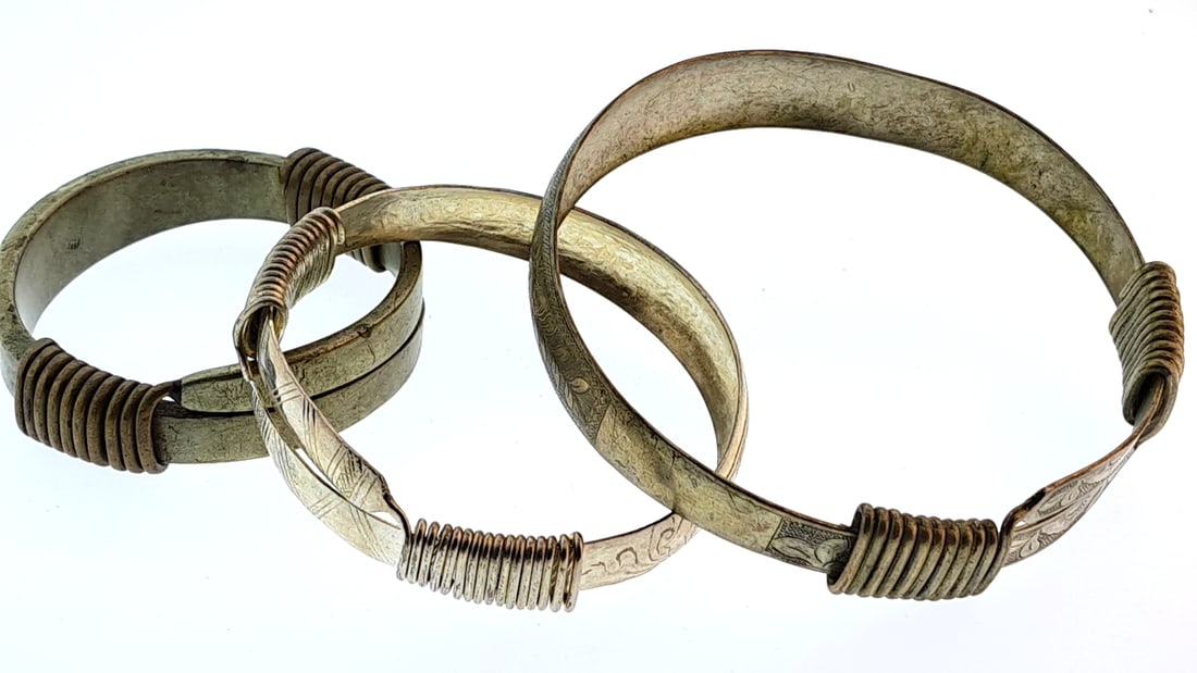 Tribal Vintage Metal Bangles Set with Coil Wire Wrap Detailing: Nice mix of estate goods. The family behind this estate had a high-end gift shop, so there's lots of brand new inventory including a large collection of King and Country, New ACME pens, quality watche