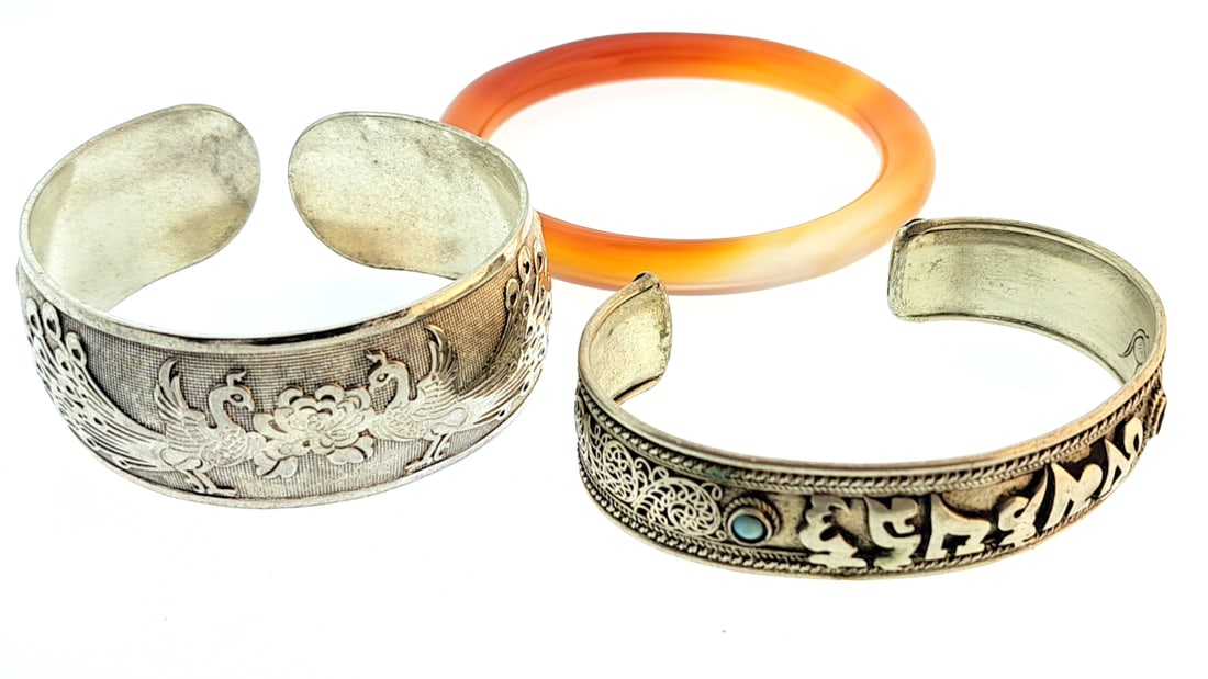 Vintage Silver Cuff Bracelets with Decorative Patterns and Orange Bangle Set: Nice mix of estate goods. The family behind this estate had a high-end gift shop, so there's lots of brand new inventory including a large collection of King and Country, New ACME pens, quality watche
