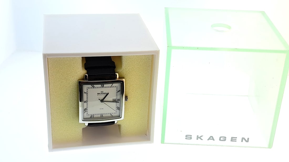 Skagen Watch Square Dial Black Leather Band Roman Numerals Date Display Box Included (1 of 4)