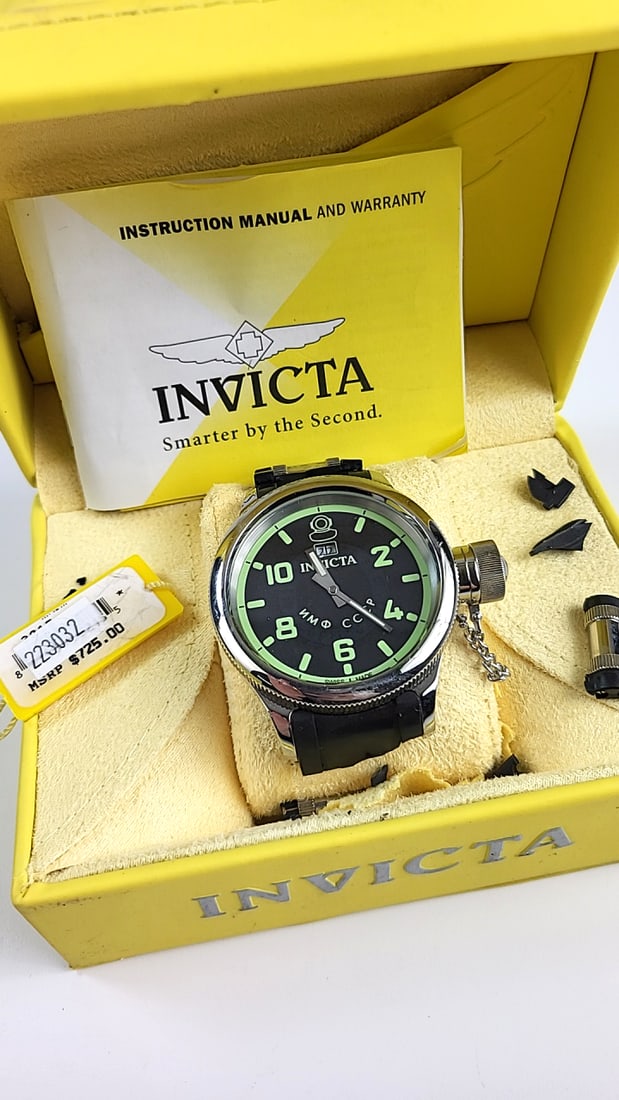 Broken Band Invicta Russian Diver Watch Black Green Dial Model 223032 Instruction Manual Included: Nice mix of estate goods. The family behind this estate had a high-end gift shop, so there's lots of brand new inventory including a large collection of King and Country, New ACME pens, quality watche