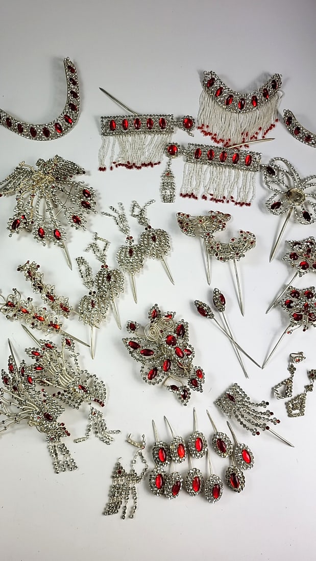 Rhinestone Beijing Chinese Opera Headpiece Red Crystal Hair Accessories Set with Fringe and Pins (1 of 11)