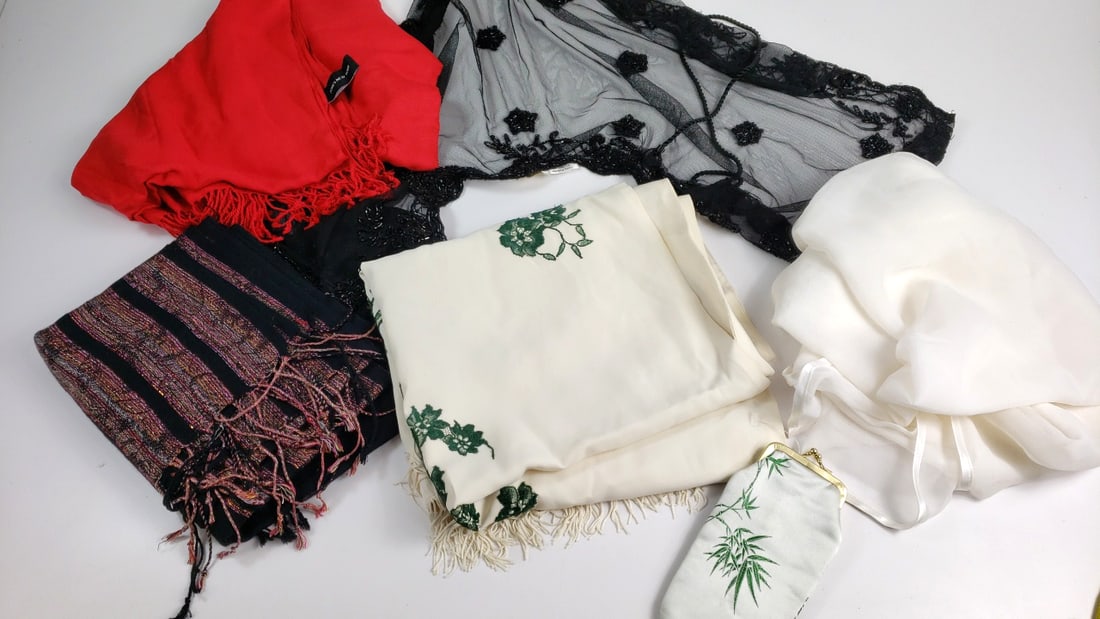 Women's Scarves Lot - Black, Red, Striped & White with Floral Patterns (1 of 9)