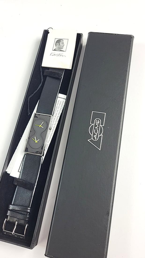 ACME Karim Rashiid Black Leather Dual Dial Wristwatch - Unique Design by Designer: Nice mix of estate goods. The family behind this estate had a high-end gift shop, so there's lots of brand new inventory including a large collection of King and Country, New ACME pens, quality watche