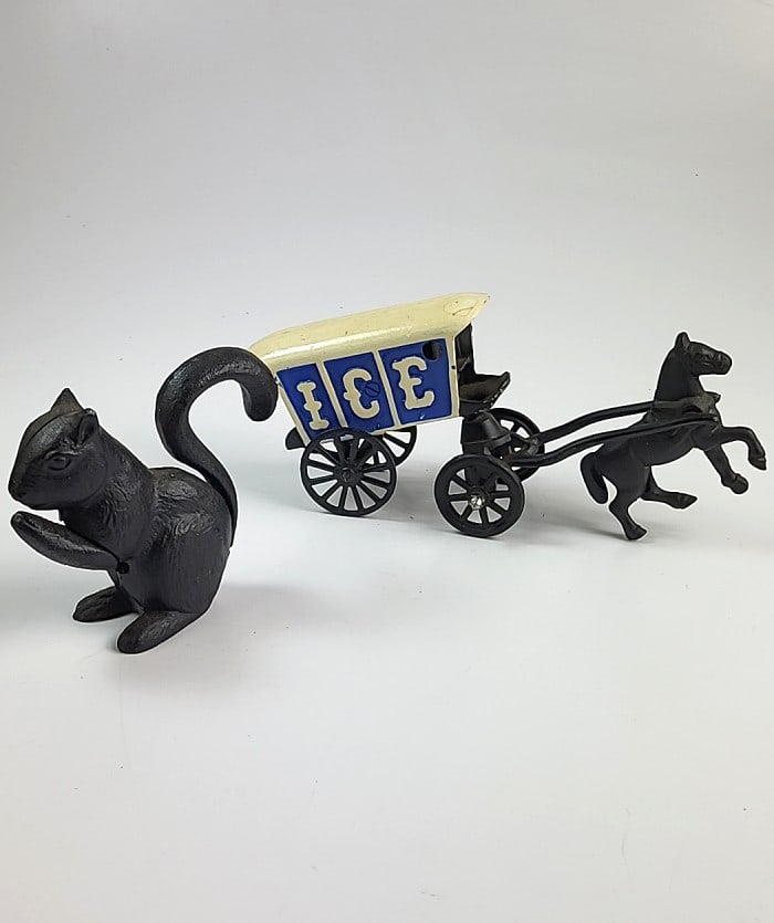 Vintage Cast Iron Horse-Drawn Ice Wagon Figurine & Squirrel Nutcracer   - Black & Blue (1 of 7)