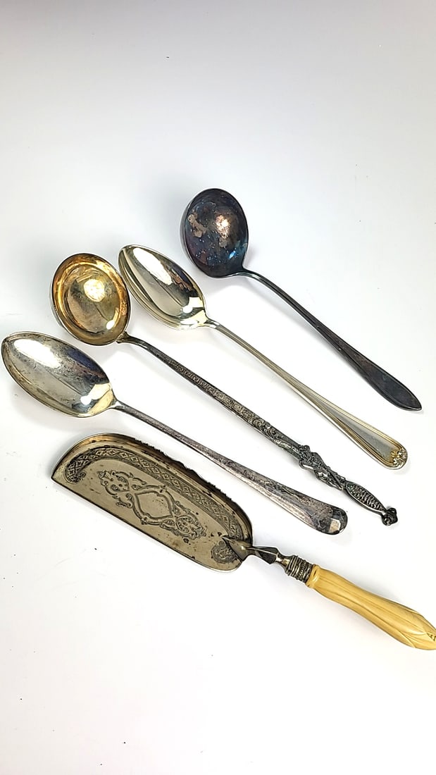 Antique Silver Plated Utensils Set - Unique Vintage Design, Mixed Patterns: Nice mix of estate goods. The family behind this estate had a high-end gift shop, so there's lots of brand new inventory including a large collection of King and Country, New ACME pens, quality watche