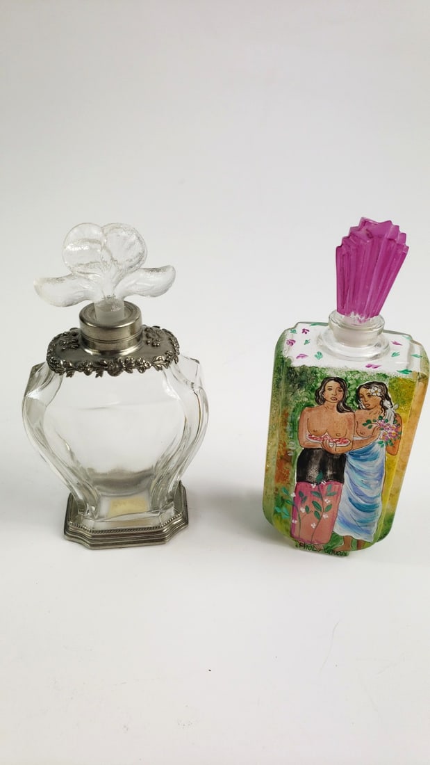 Made in France Art Glass Perfume Bottle Set with Tahitian Girls Floral Design and Metal Details (1 of 7)