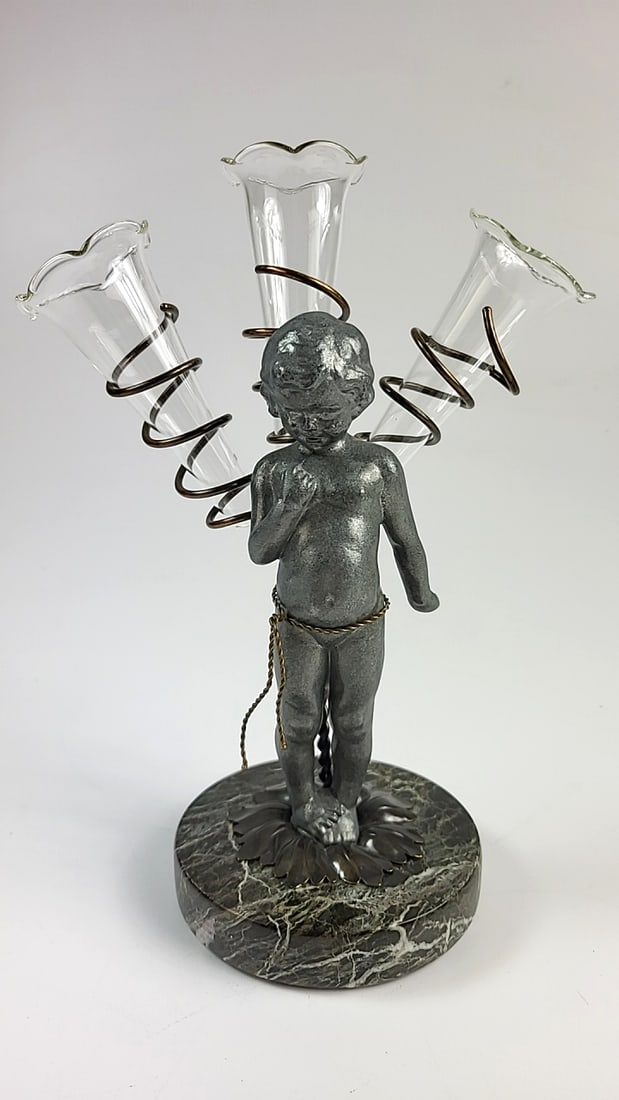 Antique Bronze Cherub Metal Figurine with 3 Glass Flower Vase Inserts on Marble Base, Vintage Decor (1 of 8)