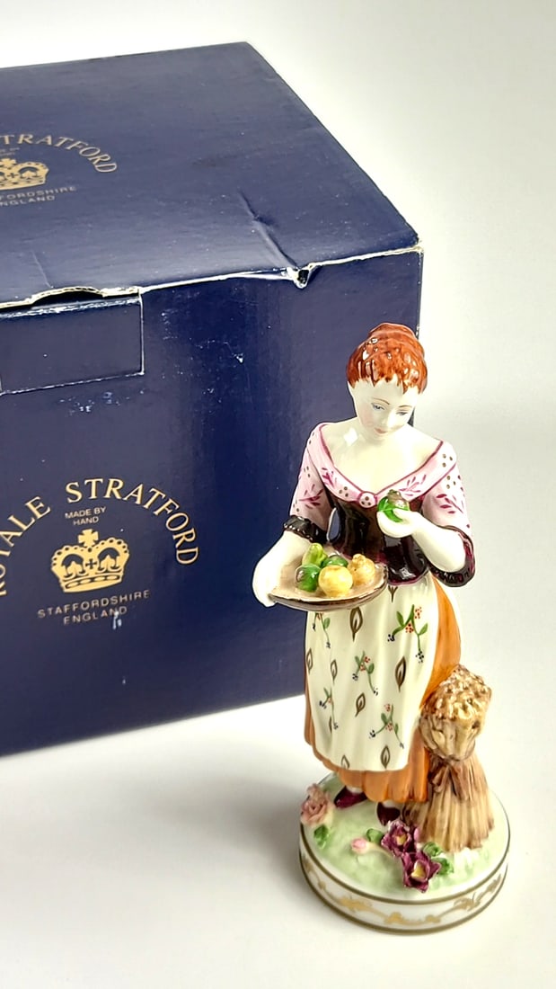 Royale Stratford Porcelain Figurine, Woman with Basket, Hand Painted, Staffordshire England: Nice mix of estate goods. The family behind this estate had a high-end gift shop, so there's lots of brand new inventory including a large collection of King and Country, New ACME pens, quality watche