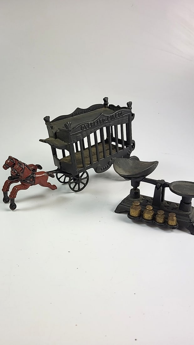 Vintage Cast Iron Overland Circus Wagon with Scale and Red Horse Figurine Decor Set (1 of 10)