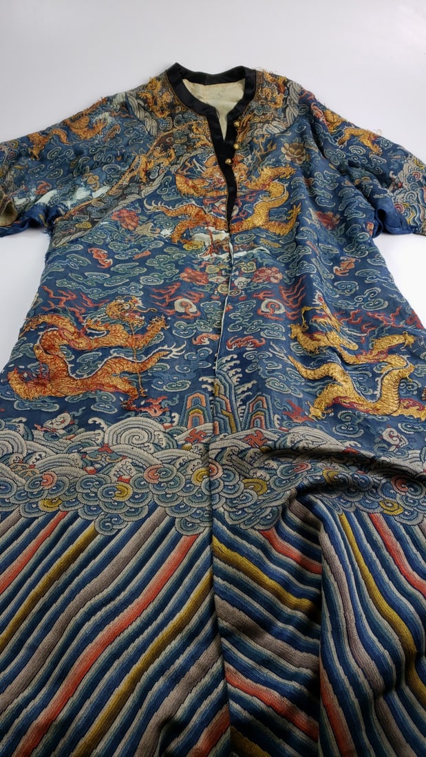 Chinese Dragon Robe Embroidered Silk Garment Blue Gold Multicolor Design Vintage Textile (1 of 11)