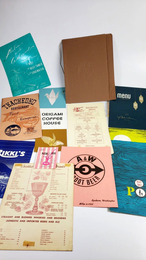 Vintage Restaurant Menu Collection - A&W Root Beer, Origami Coffee House, Tkachenko, More: Nice mix of estate goods. The family behind this estate had a high-end gift shop, so there's lots of brand new inventory including a large collection of King and Country, New ACME pens, quality watche