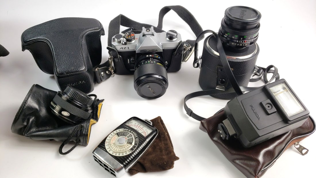 Fujica AZ-1 Film Camera Bundle with Lenses, Flash, Case, Light Meter - Black/Silver (1 of 6)