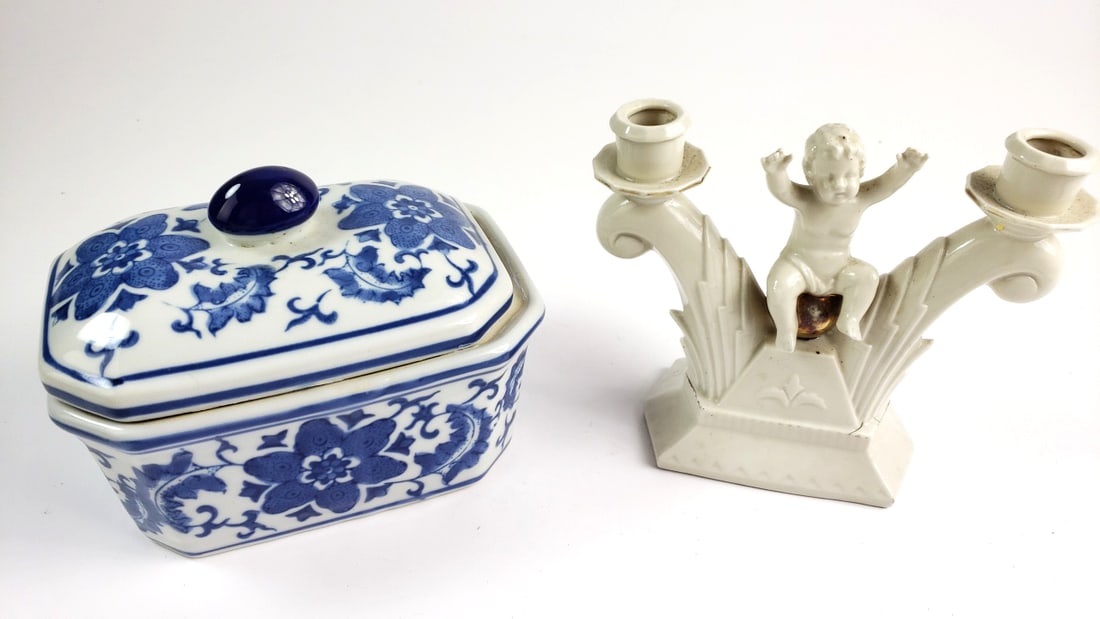 Vintage Blue White Porcelain Box & WKC Cherub Candle Holder Set Floral Design (1 of 8)