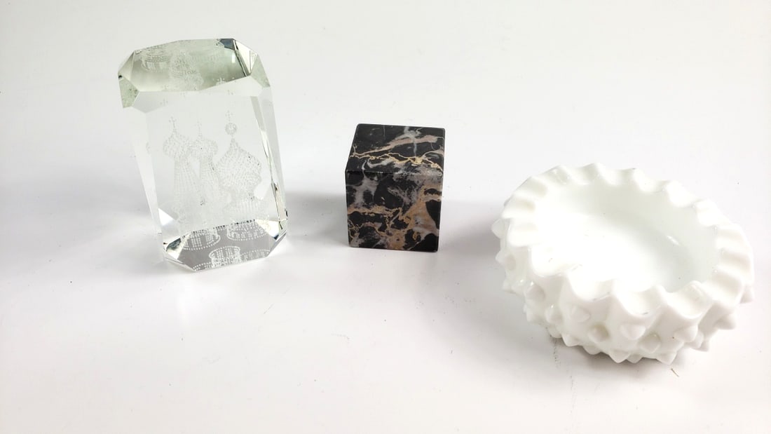 Crystal St. Basil's Cathedral Etching, Marble Cube, White Fenton Hobnail Glass Bowl Set (1 of 6)