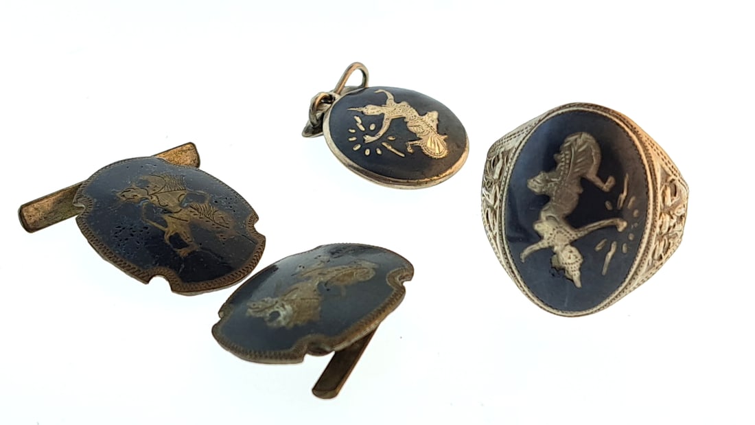 Vintage Thai Silver Jewelry Set: Ring, Cufflinks & Pendant, Black & Gold Tone Designs (1 of 6)