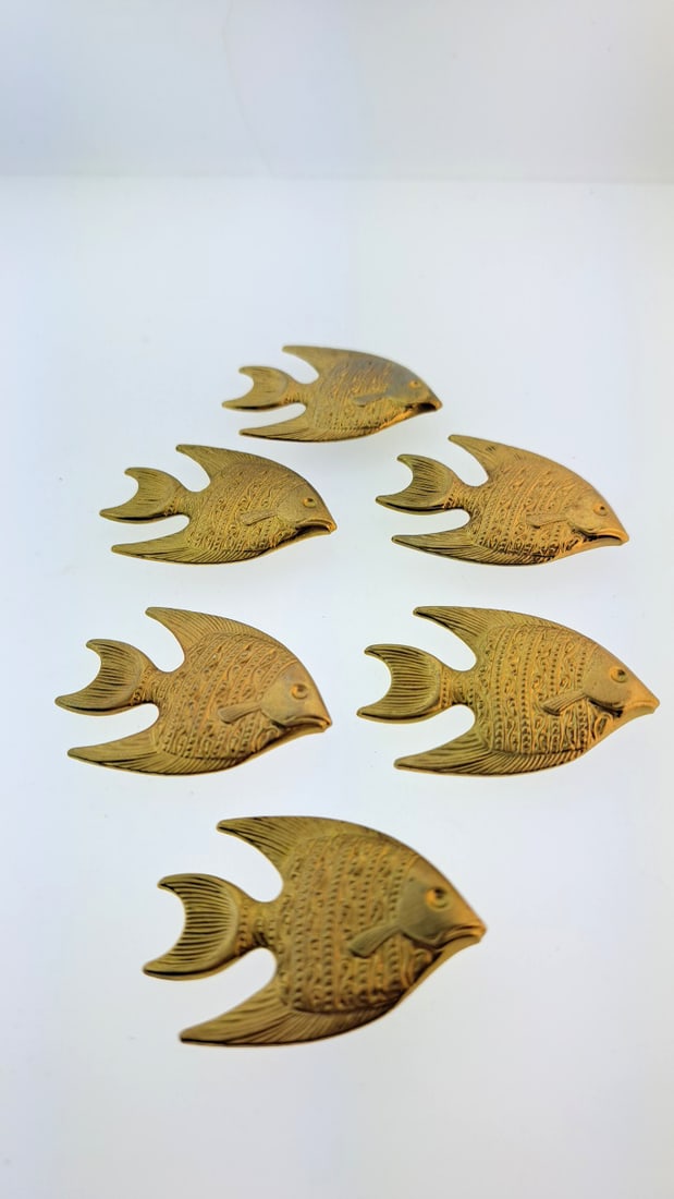 Vintage Brass Fish Button Cover Set of 5 Carved Angelfish Figurines (1 of 5)