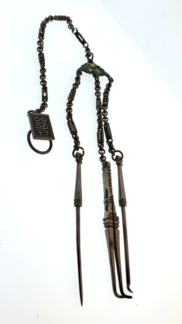 Vintage Chineze Metal Chatelaine Grooming Tools Set with Chain Decor (1 of 7)