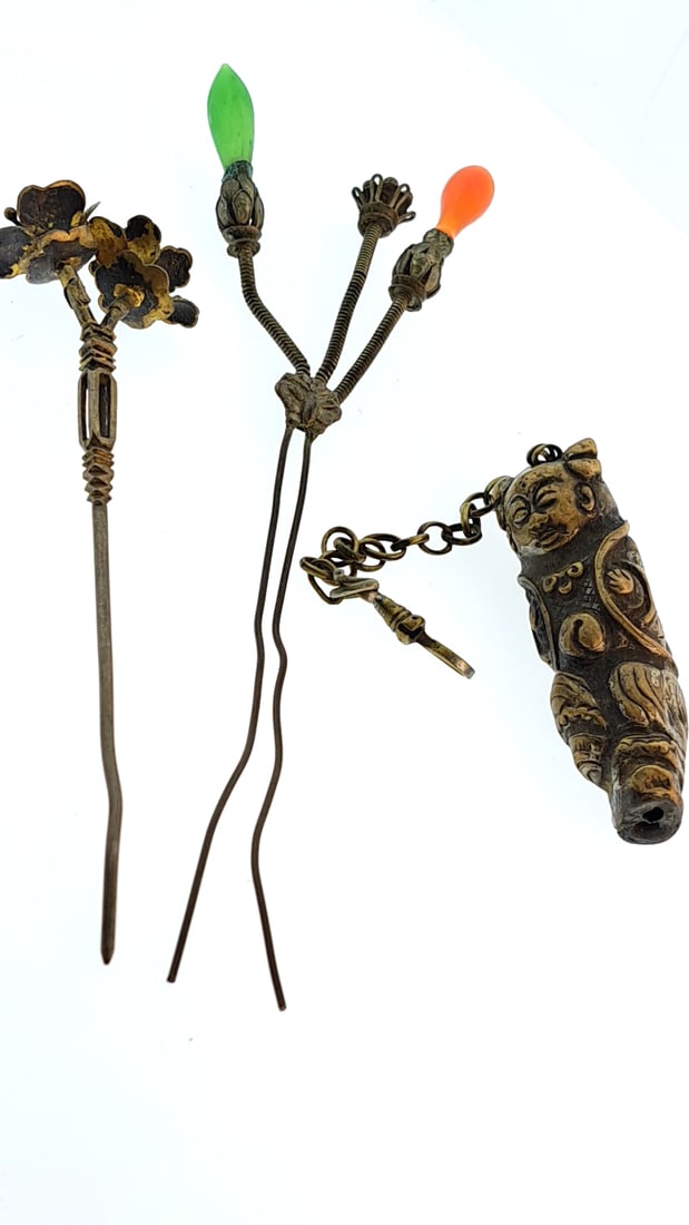 Vintage Chknese Hairpins Decorated and Colorful Beads and Embossed Boy Charm: Nice mix of estate goods. The family behind this estate had a high-end gift shop, so there's lots of brand new inventory including a large collection of King and Country, New ACME pens, quality watche