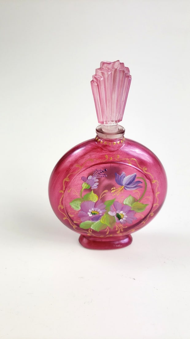 Hand-Painted Chenille Pink Perfume Bottle with Floral Design and Art Deco Stopper (1 of 6)