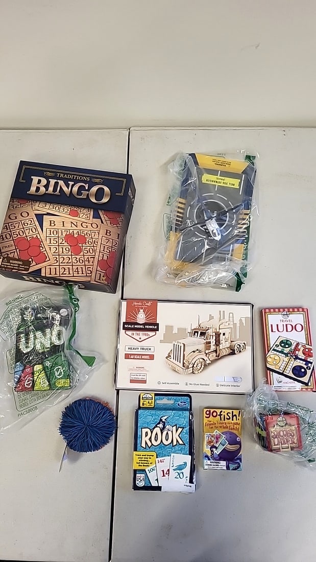 Bingo Set, Heavy Truck Model, UNO Dice, Rook, Go Fish, Ludo Games Collection Auction: Fun auction full of great last minute Christmas gear including a large selection of Department 56, brand new toys, games, and houseware.WE OFFER IN HOUSE SHIPPING. Shipping begins the Monday after loc