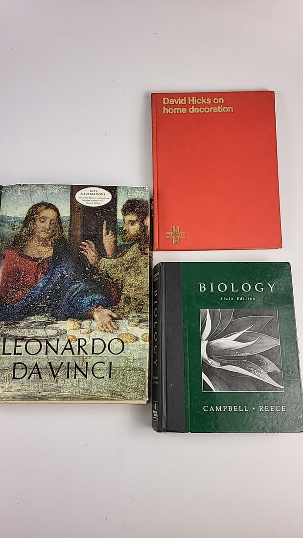 David Hicks Home Decoration Book, Leonardo Da Vinci Art Book, Campbell Reece Biology Textbook: Nice mix of estate goods. The family behind this estate had a high-end gift shop, so there's lots of brand new inventory including a large collection of King and Country, New ACME pens, quality watche