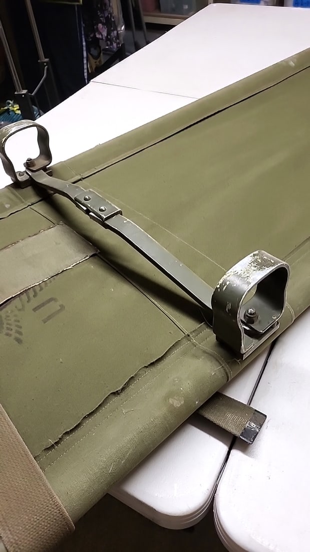 Vintage Military Green Canvas Stretcher with Straps - Metal Spines / Wood Handles 90" Long ' 22" ... - 3