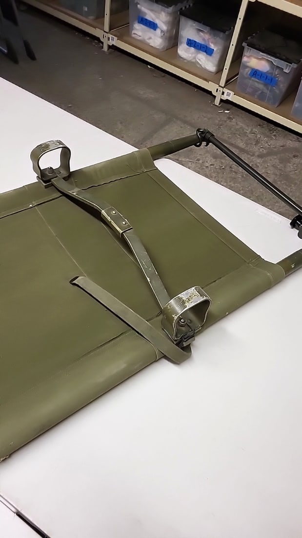 Vintage Military Green Canvas Stretcher with Straps - Metal Spines / Wood Handles 90" Long ' 22" ... - 4