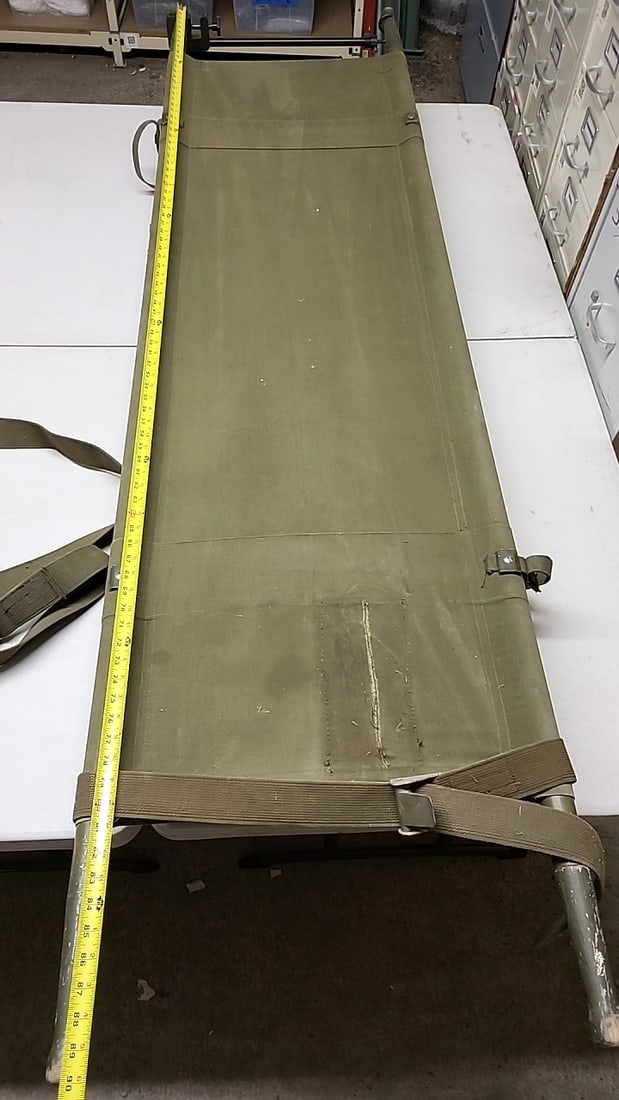 Vintage Military Green Canvas Stretcher with Straps - Metal Spines / Wood Handles 90" Long ' 22" ... - 6