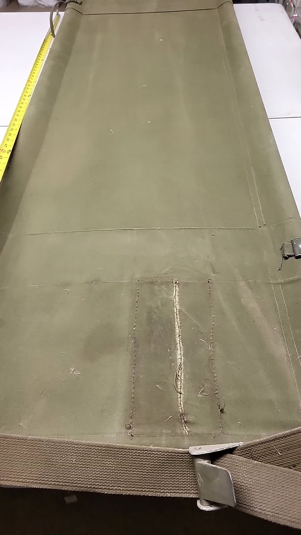 Vintage Military Green Canvas Stretcher with Straps - Metal Spines / Wood Handles 90" Long ' 22" ... - 8