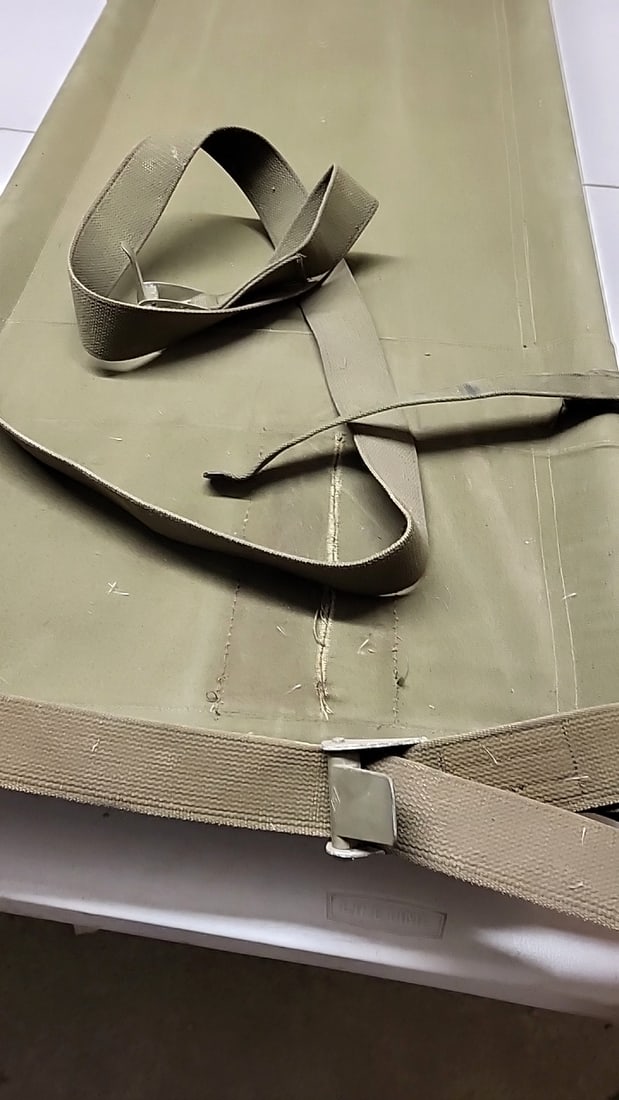 Vintage Military Green Canvas Stretcher with Straps - Metal Spines / Wood Handles 90" Long ' 22" ... - 9