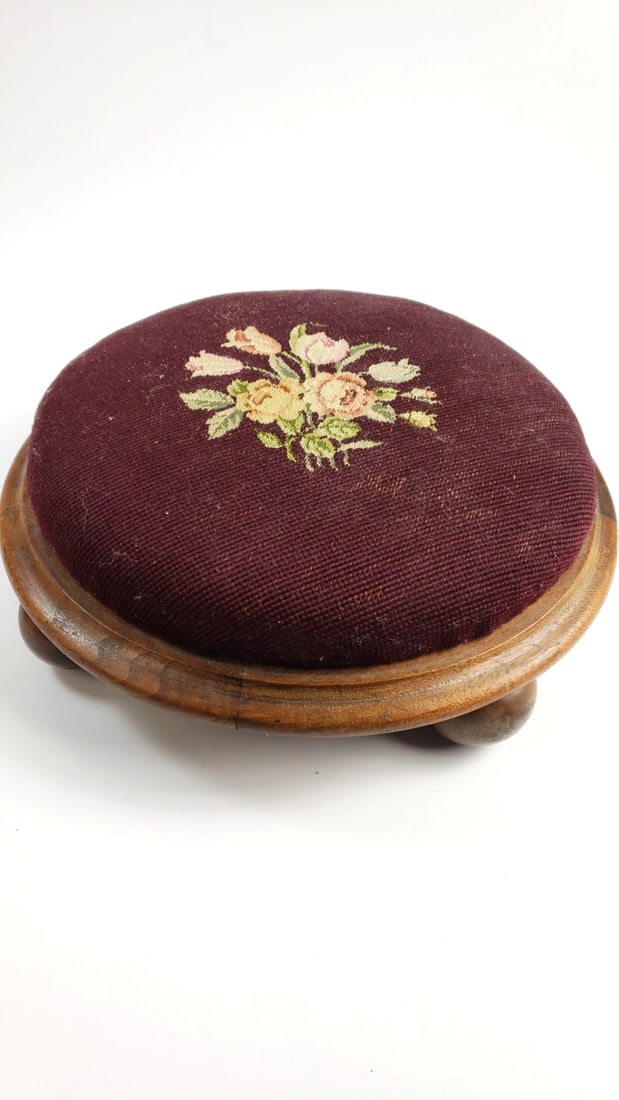Vintage Round Footstool with Floral Needlepoint Design, Wood Base, Burgundy Upholstery: This is a general auction of estate goods. All items as as pictured. Local pick up will be on 3/14 at our warehouse in Sodo (3429 Airport Way S) from 10am-1pm. Items not picked up will be subjec