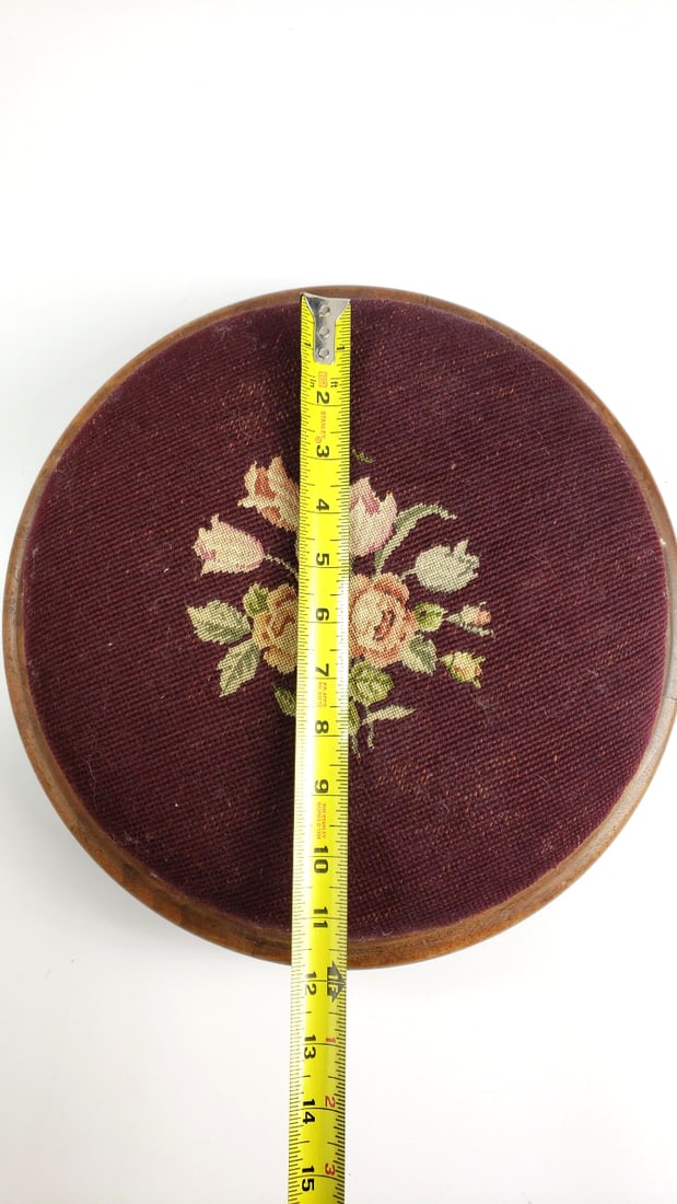 Vintage Round Footstool with Floral Needlepoint Design, Wood Base, Burgundy Upholstery - 2