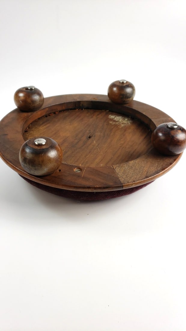 Vintage Round Footstool with Floral Needlepoint Design, Wood Base, Burgundy Upholstery - 3