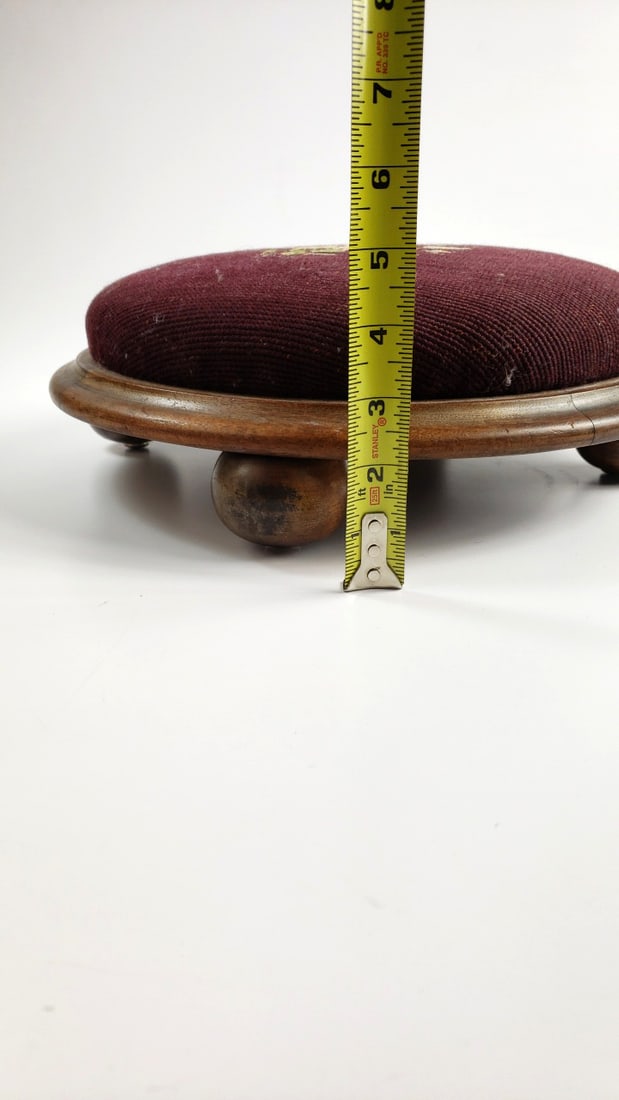 Vintage Round Footstool with Floral Needlepoint Design, Wood Base, Burgundy Upholstery - 5