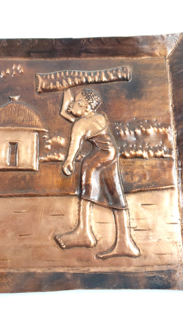 Vintage Copper Embossed Wall Art Tray Rural Village Scene Decor - 2
